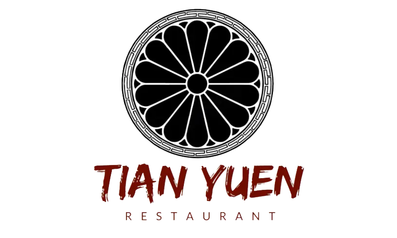 Tian Yuen Restaurant logo with black - and - white classical wheel - flower, handwritten - style “TIAN YUEN” and “RESTAURANT” text
